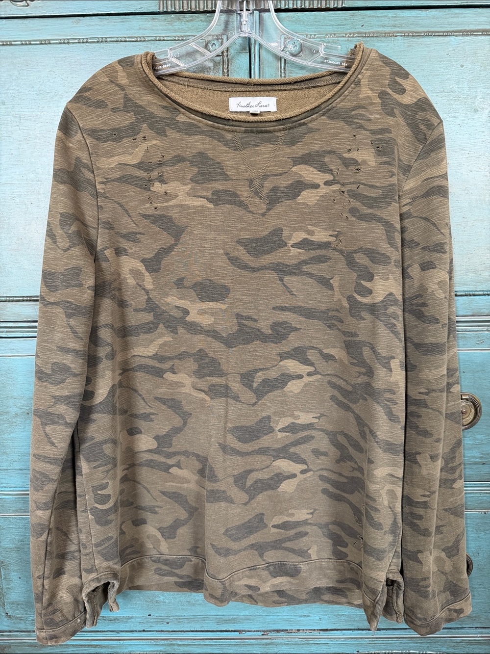 Another Love Women's Distressed Camo Crewneck Sweater - Khaki & Taupe Size M